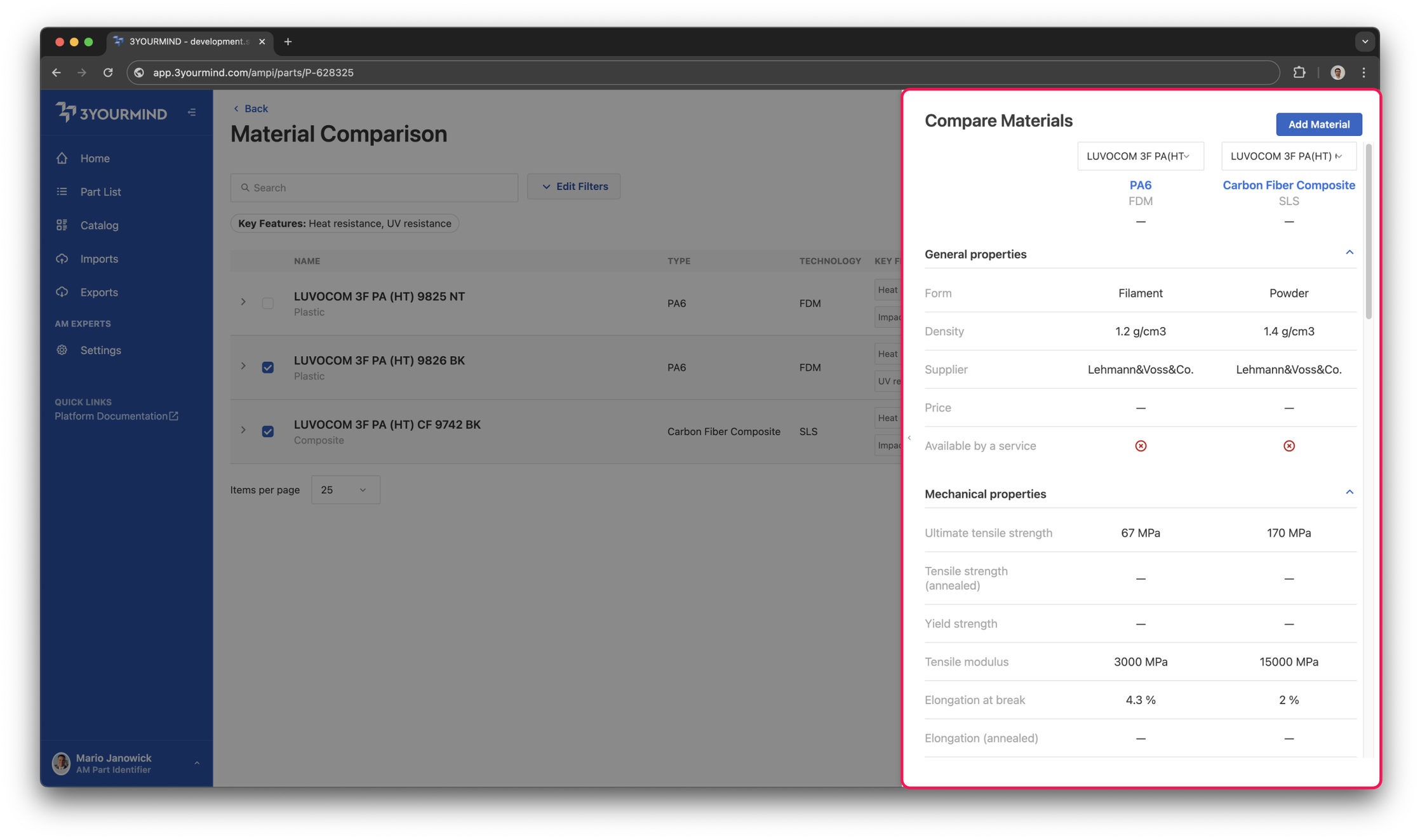 Material Comparison Enhancement